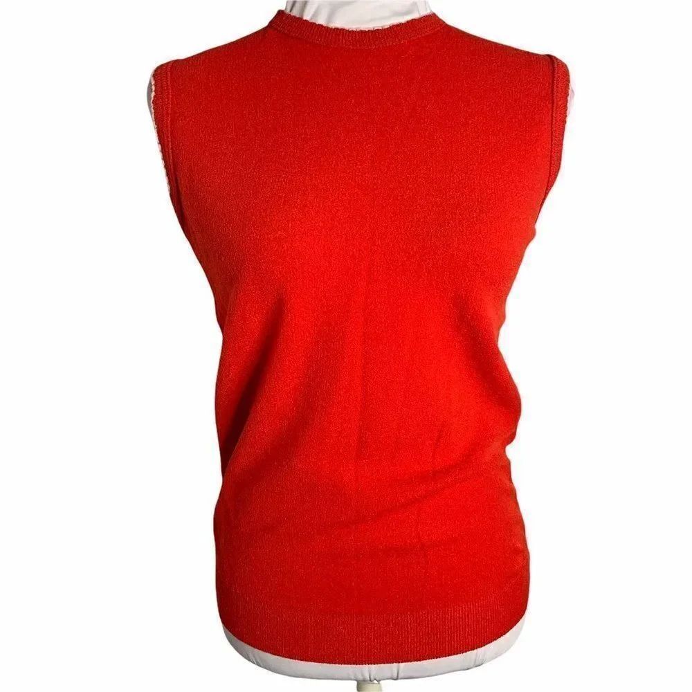 Vintage 60s Sleeveless High Neck Sweater S Red Stretch Knit Ribbed Trim Mod Zip